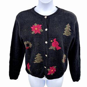 CROFT & BARROW PETITE DK GRAY CHRISTMAS HOLIDAY CARDINAL WREATH + CARDIGAN SWTR